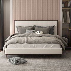 Carena Queen Bed Light Gray Fabric, White & Walnut