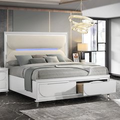 Tarian Eastern King Bed w/Storage & LED White Boucle & Pearl White
