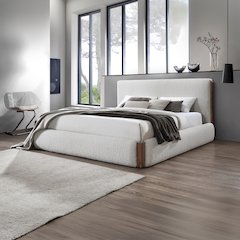 Sandro Queen Bed White Bouclé & Walnut