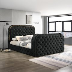 Kana Queen Bed w/LED, Fireplace & TV Cabinet Black Upholstery Velvet