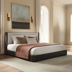 Clayten Queen Bed Beige Linen & Espresso