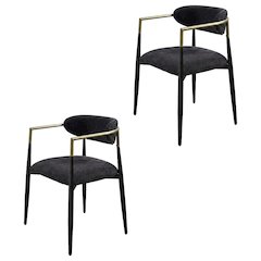 Chenille Accent Armchair with Wood and Metal Frame, Black Chenille & Black, Set of 2