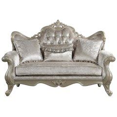 Fabric Small Loveseat Sofa with Throw Pillows, Beige Fabric & Champagne
