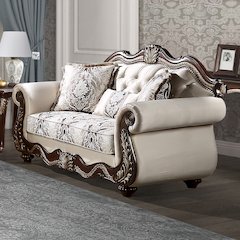 Pierce Loveseat w/3 Pillows Beige Fabric & Cherry