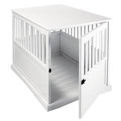 White Dog Kennel Furniture with Gate, Solid Wood Dog Crate End Table