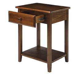 Warm Brown Real Wood Night Stand with Drawer, Open Shelf and USB Charging Ports