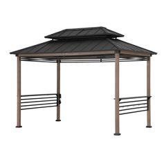 Wood Gazebo with Built-In Electrical Outlets and Decorative Fence, Brown