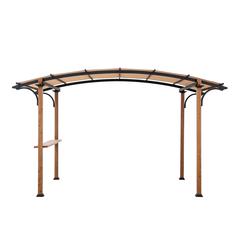 Steel Arched Metal Pergola with Natural Wood Looking Finish and Tan Shade