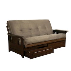 Convertible futon sofa in beige fabric with sturdy frame and versatile design