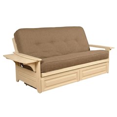 Gray fabric futon sofa with hinged spring mattress and antique white frame