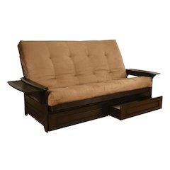 Gray fabric futon with polyester frame for versatile seating and sleeping