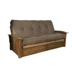 Comfortable fabric futon in neutral color with sturdy polyester frame