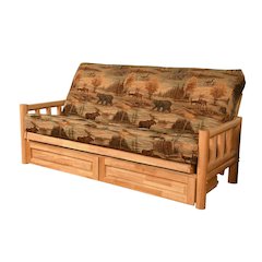 Tan Fabric Futon with Wooden Frame and Comfortable Mattress