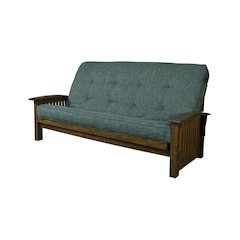 Blue futon with rustic walnut frame for lounging and sleeping comfort