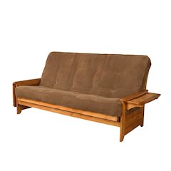 Gray fabric futon with wooden frame, 86-inch length, versatile sleep solution