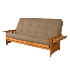 Gray futon sofa with sturdy frame and comfortable mattress for versatile seating