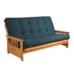 Blue Fabric Futon with Hinged Spring Mattress and Espresso Frame