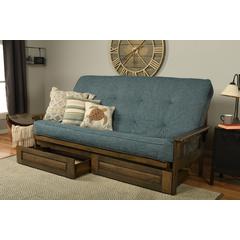 Tucson Queen Frame-Rustic Walnut Finish-Linen Aqua Mattress-Storage Drawers