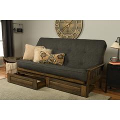 Tucson Queen Frame-Rustic Walnut Finish-Linen Charcoal Mattress-Storage Drawers