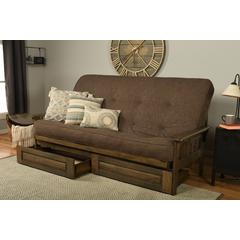 Tucson Queen Frame-Rustic Walnut Finish-Linen Cocoa Mattress-Storage Drawers