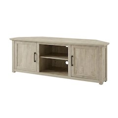 Corner TV stand for 65+ inch TVs in classic wood finish with ample storage space