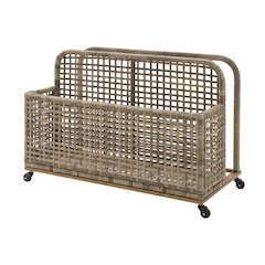 Distressed Gray Outdoor Pool Storage Caddy, Steel Wicker, 43 Inch Wide