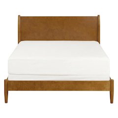 Platform bed with acorn finish, includes headboard, footboard, and rails
