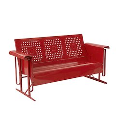 Red outdoor sofa glider with sturdy frame and comfortable seating for three