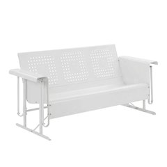 White outdoor sofa glider with anti-tip hardware and 3-seat capacity