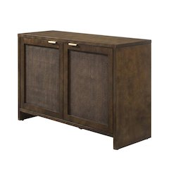 Brown Record Player Cabinet with Wicker Accents, Vinyl Storage
