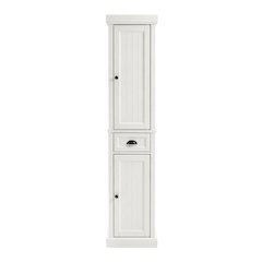 Tall linen cabinet in distressed white with anti-tip hardware