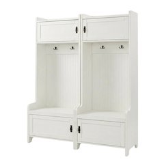 White entryway set with 2 hall trees for organized hallway storage