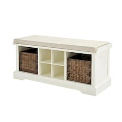 White Entryway Storage Bench, 2 Wicker Baskets, Cushioned Seat, MDF