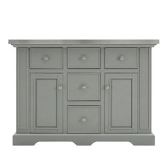 Gray kitchen island with stainless steel accents and anti-tip safety