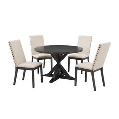 Hayden 5-Piece Round Dining Table Set For 4 - Table & 4 Upholstered Chairs