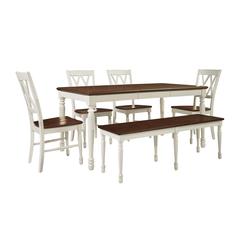 Shelby 6 Piece Dining Set Distressed White - Table, Bench, & 4 Chairs
