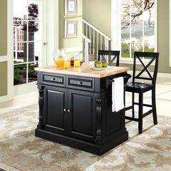 Oxford Kitchen Island W/X-Back Stools Black - Kitchen Island, 2 Counter Height Bar Stools