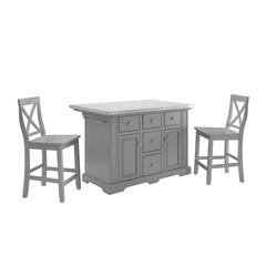 Julia Stainless Steel Top Island W/X-Back Stools - Island & 2 Stools