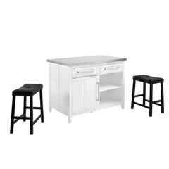 Silvia Stainless Steel Top Island W/Uph Saddle Stools, Kitchen Island & 2 Stools