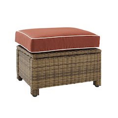 Brown Wicker Outdoor Ottoman with Sangria Cushion – Foot Rest for Patio Lounging