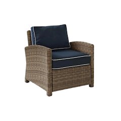 Wicker Patio Armchair with Navy Cushion for Outdoor Seating and Relaxation