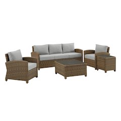 Brown Wicker Patio Furniture 5 Piece Set with Gray Cushions