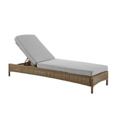 Brown Wicker Outdoor Lounge Chair with Gray Cushion and Adjustable Backrest