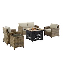 5Pc Outdoor Loveseat Set W/ Fire Table, Loveseat, Side Table, 2 Armchairs