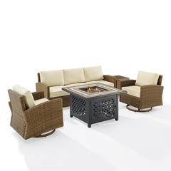 5Pc Outdoor Swivel Rocker Sofa Set W/Fire Table, Sofa, Side Table, 2 Rockers