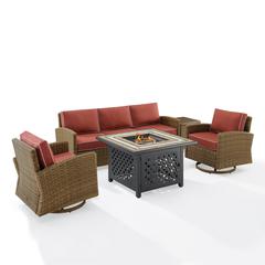 5Pc Outdoor Swivel Rocker Sofa Set W/Fire Table, Sofa, Side Table, 2 Rockers