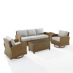 5Pc Outdoor Sofa & Swivel Rocker Set, Sofa, Coffee&Side Tables, 2 Swivel Rockers