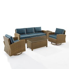 5Pc Outdoor Sofa & Swivel Rocker Set, Sofa, Coffee&Side Tables, 2 Swivel Rockers