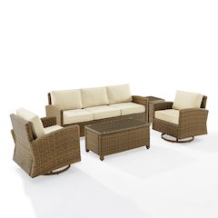 5Pc Outdoor Sofa & Swivel Rocker Set, Sofa, Coffee&Side Tables, 2 Swivel Rockers