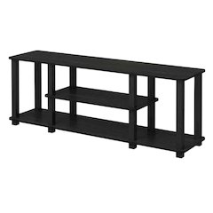 Black wood TV stand,  3-tier design, square tube frame, entertainment setup